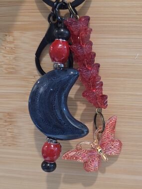 Handmade Celestial Beaded Keychain – Red Butterfly & Navy Crescent Moon